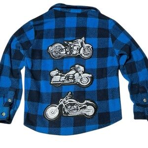 Upcycled Buffalo Check Fleece Shirt with Motorcycle Theme